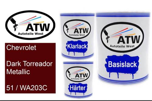 Chevrolet, Dark Torreador Metallic, 51 / WA203C: 1L Lackdose + 1L Klarlack + 500ml Härter - Set, von ATW Autoteile West.